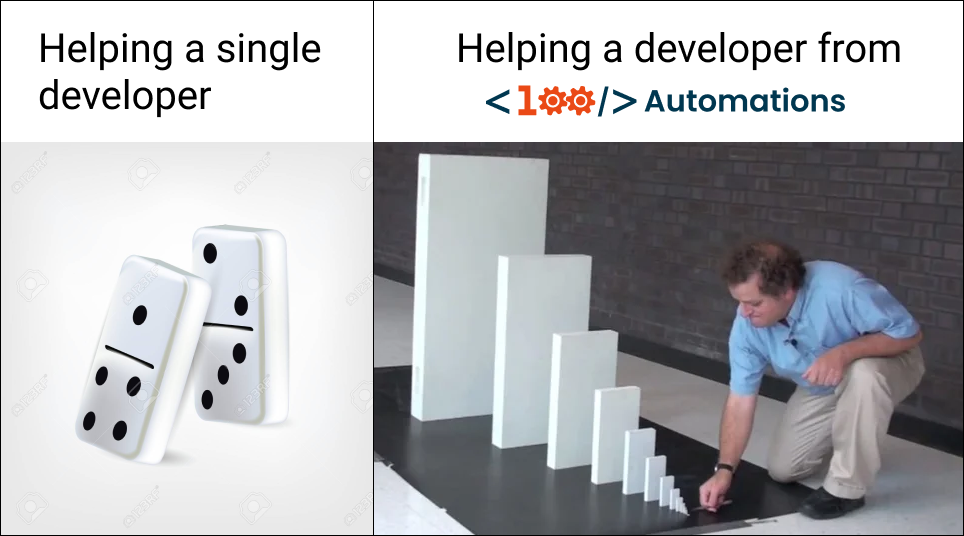 Two pictures with two dominos on the left and a man stacking dominos on the right